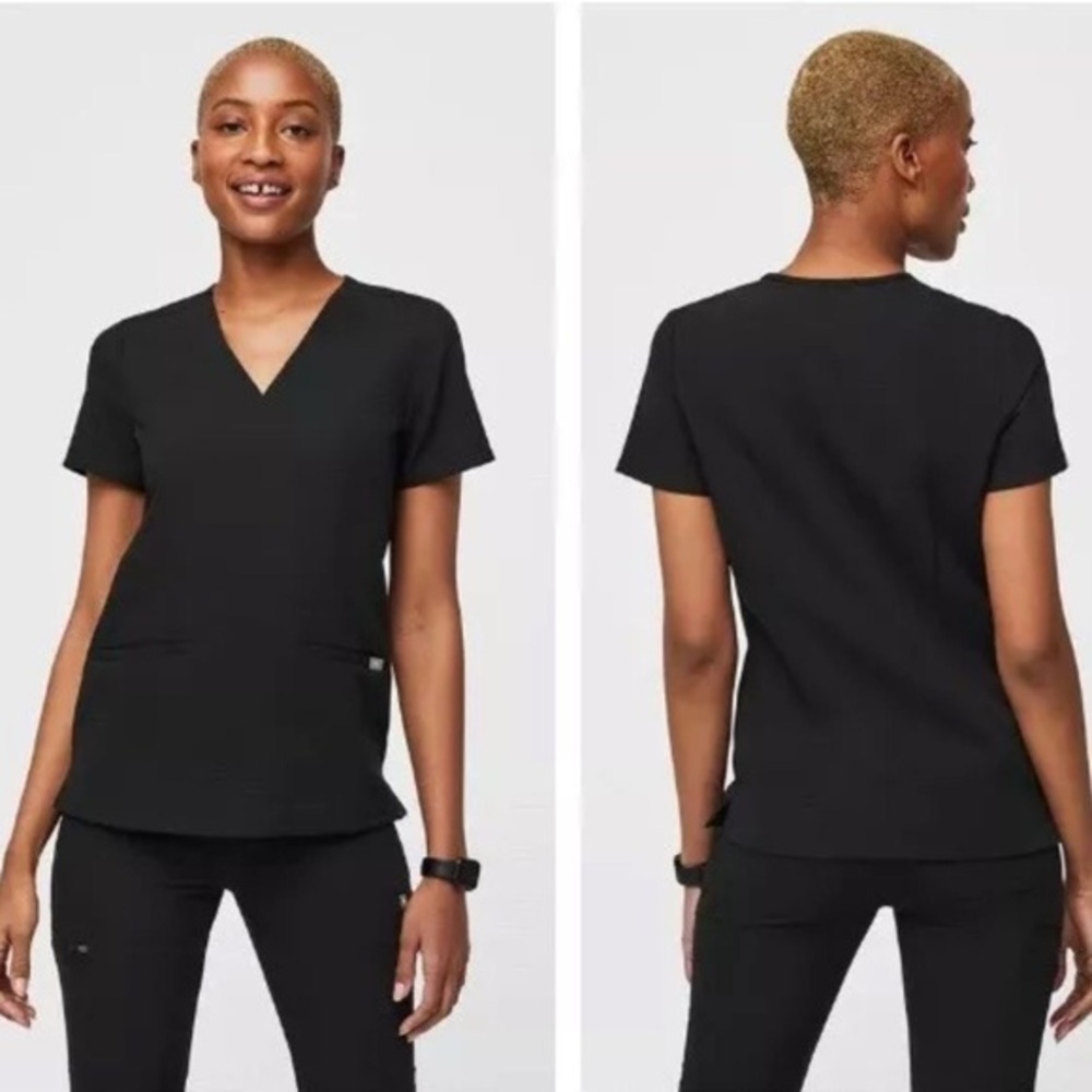 Figs Casma Three-Pocket Scrub Top V-Neck T-Shirt Short Sleeve Slit Hem Black XS